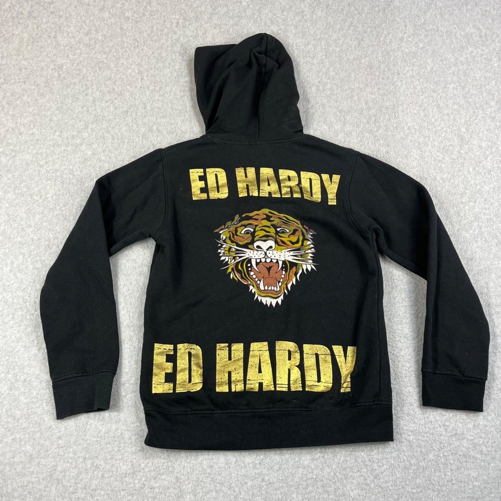 Vintage Ed Hardy Black Zip Up Hoodie Youth Medium Logo Zipper Pockets Tiger Logo